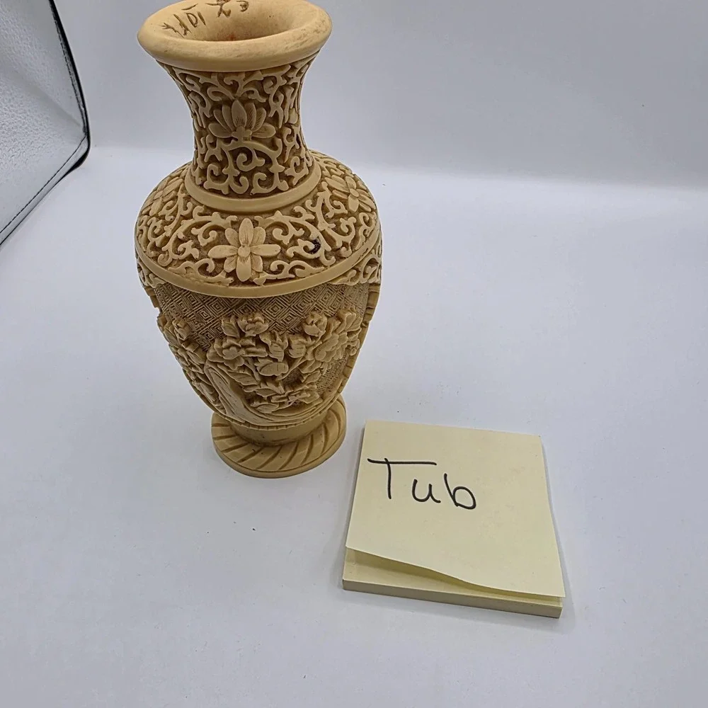 Vintage Carved Resin Floral Vase Asian Beige Signed 7.5